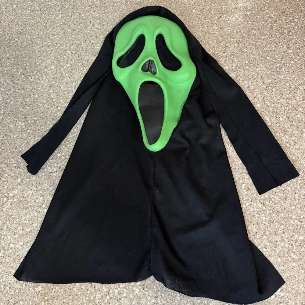 Vintage Easter Unlimited Ghost Face Scream Neon Green Mask Hood Halloween EUC